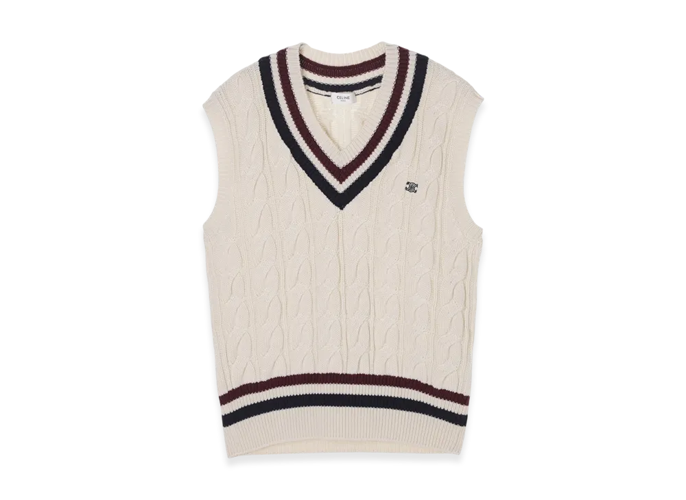 CELINE Pull Sans Manches Col V "Ecru/Burgundy/Navy"