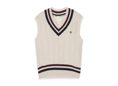 CELINE Pull Sans Manches Col V "Ecru/Burgundy/Navy"