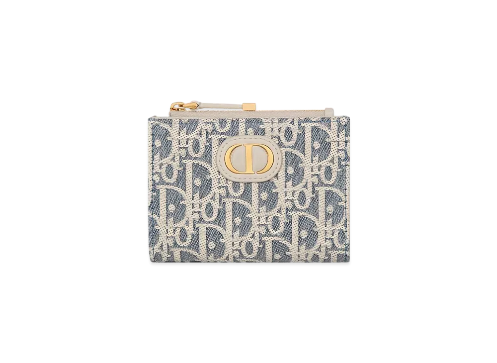 Dior 30 Montaigne Dahlia Wallet Dior Oblique Chambray with Raffia Effect and Smooth Calfskin "Blue/Light Biscuit"