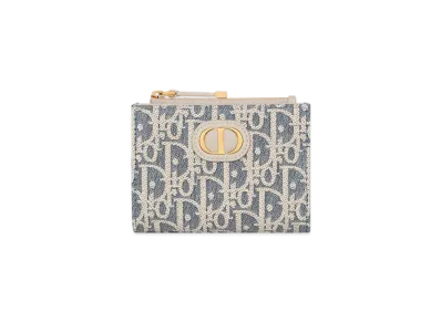 Dior 30 Montaigne Dahlia Wallet Dior Oblique Chambray with Raffia Effect and Smooth Calfskin "Blue/Light Biscuit"