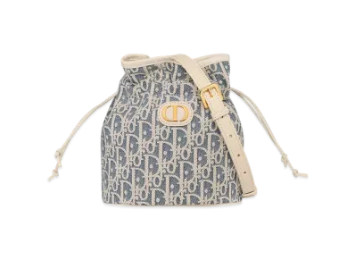 Dior 30 Montaigne Mini Bucket Bag with Drawstring Dior Oblique Chambray with Raffia Effect and Smooth Calfskin "Blue/Light Biscuit"