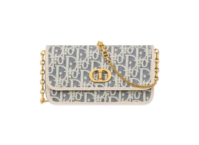 Dior Small Miss Caro Pouch with Chain Dior Oblique Chambray with Raffia Effect and Smooth Calfskin "Blue/Light Biscuit"