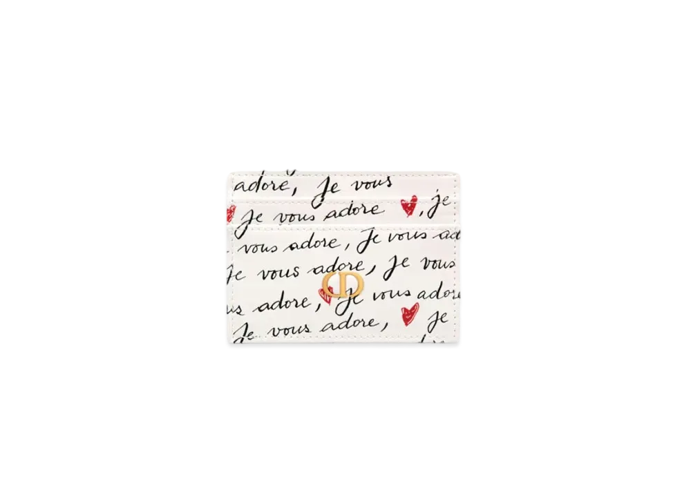 Dior Dioramour Dior Caro Freesia Card Holder Calfskin with Je Vous Adore Print "White/Black/Red"