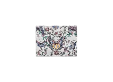 Dior Caro Freesia Card Holder Smooth Calfskin with Toile de Jouy Papillon Print "White/Multicolor"