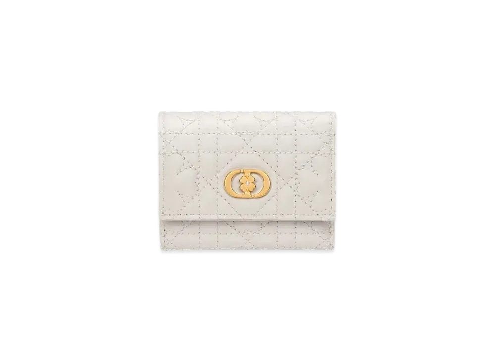 Dior Caro Hibiscus L Zip Wallet Clover Cannage Lambskin Japan Exclusive "Latte White"