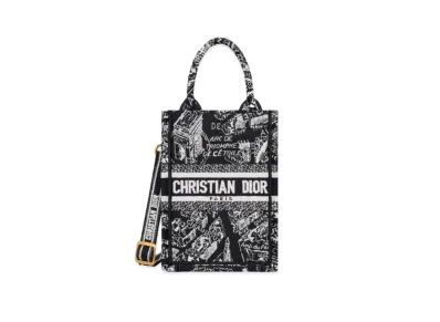 Dior Mini Dior Book Tote Phone Bag Plan De Paris Embroidery "Black/White"