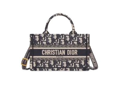 Mini Dior Book Tote with Strap Oblique Embroidery "Blue/Beige"