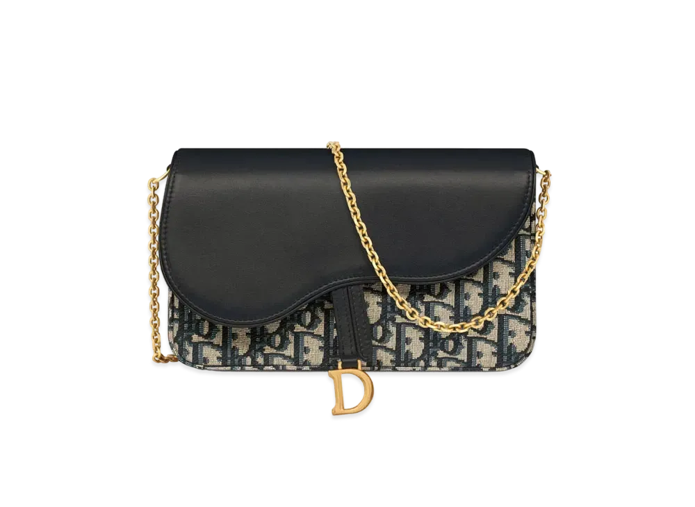 Dior Saddle Pouch with Chain Dior Oblique Jacquard and Smooth Calfskin "Blue"