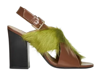 MARNI Women's Leather and Long-Hair Criss-Cross Sandal "Brown/Lime"