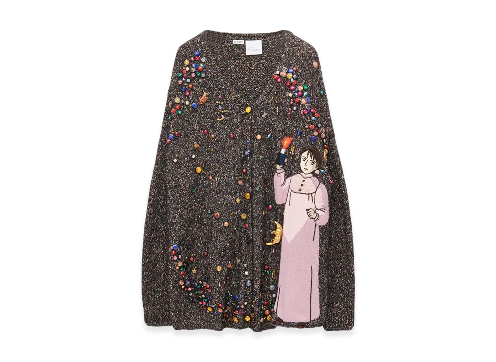LOEWE x Howl's Moving Castle Embellished Cardigan in Cashmere And Wool Blend "Dark Grey/Multicolor"