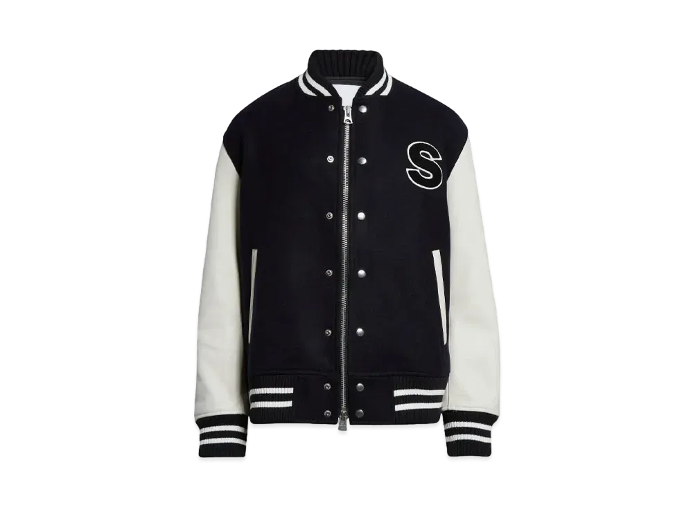 sacai x Mercedes AMG Logo Embroidered Wool & Leather Varsity Jacket "Navy Off White"