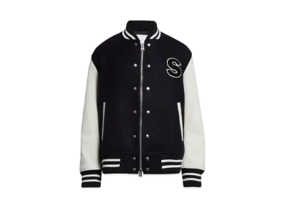 sacai x Mercedes AMG Logo Embroidered Wool & Leather Varsity Jacket "Navy Off White"