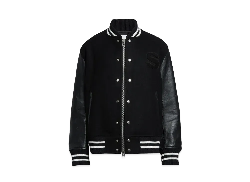 sacai x Mercedes AMG Logo Embroidered Wool & Leather Varsity Jacket "Black"