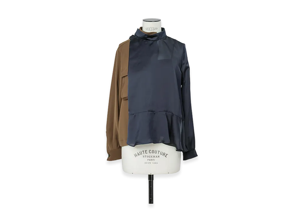 sacai Women's Crepe Back Satin x Satin Blouse "Navy/Brown"