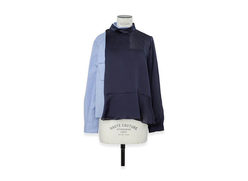 sacai Women's Poplin x Satin Blouse "Light Blue Stripe/Navy"