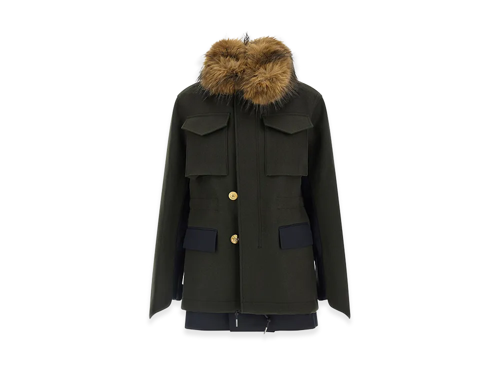 sacai Women's Wool Coat with Fur Insert "Green"