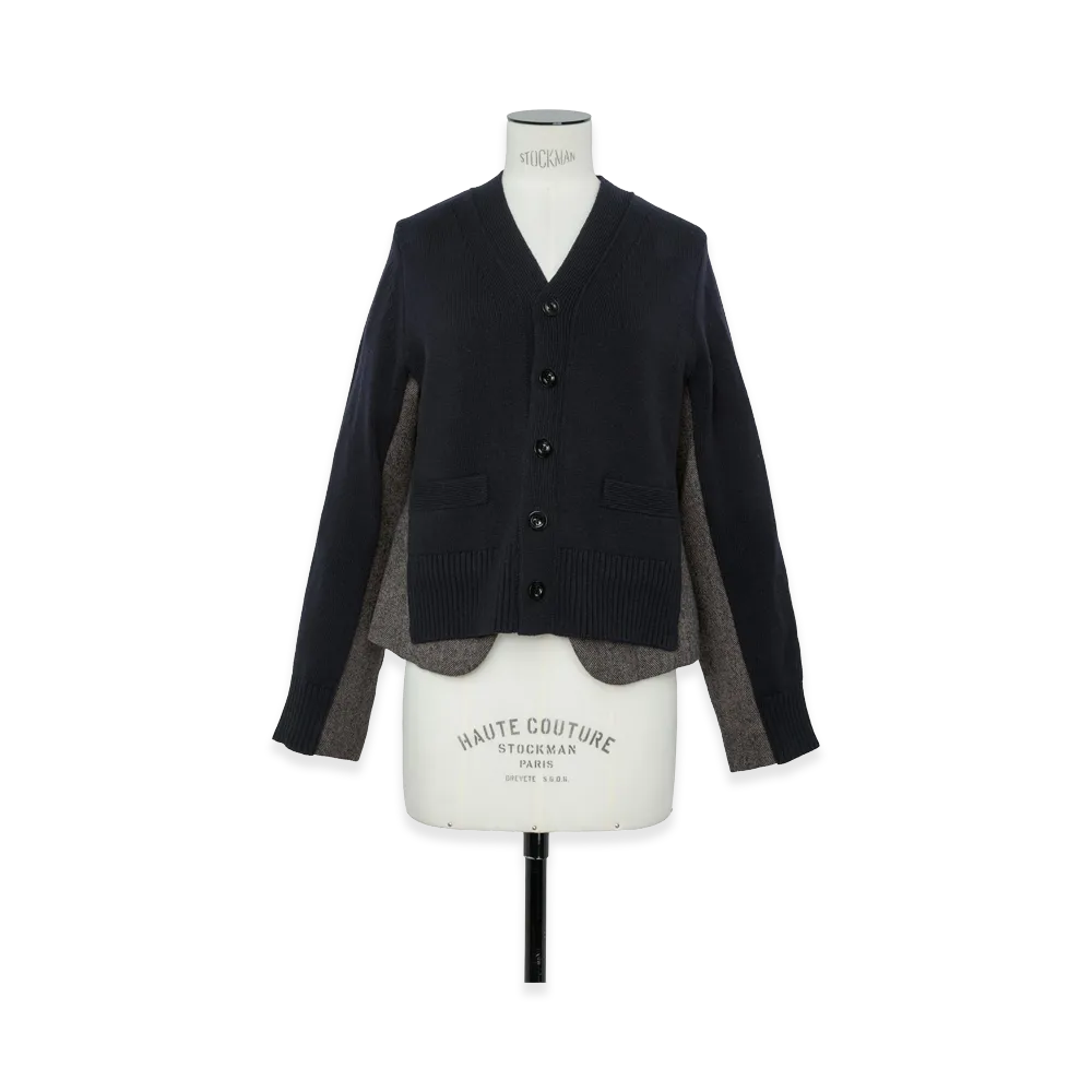 sacai Women's Double-Faced Herringbone x Wool Knit Cardigan "Navy/Brown"