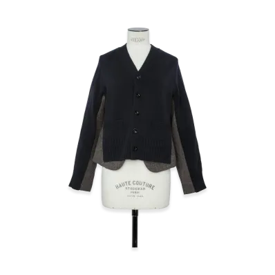 sacai Women's Double-Faced Herringbone x Wool Knit Cardigan "Navy/Brown"