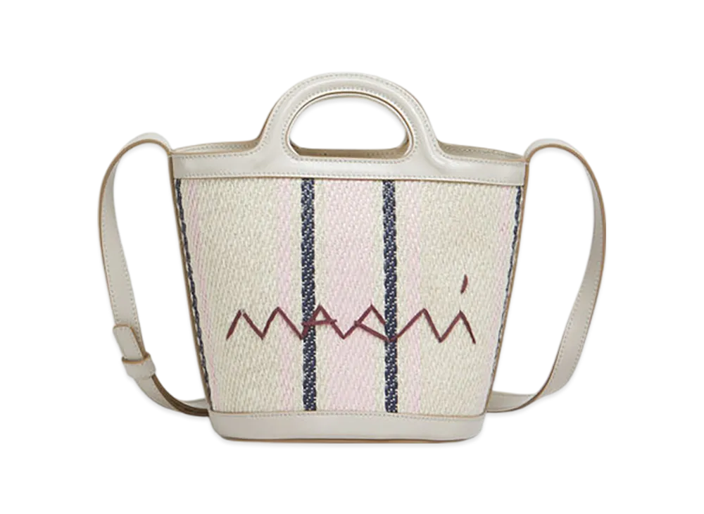 MARNI Tropicalia Small Bucket Bag in Leather & Striped Fabric "Silk White/Macaron/Blue China"