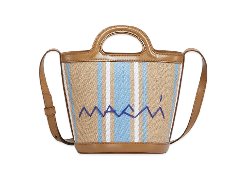 MARNI Tropicalia Small Bucket Bag in Leather & Striped Fabric "Cigar/Opal/Lily White"