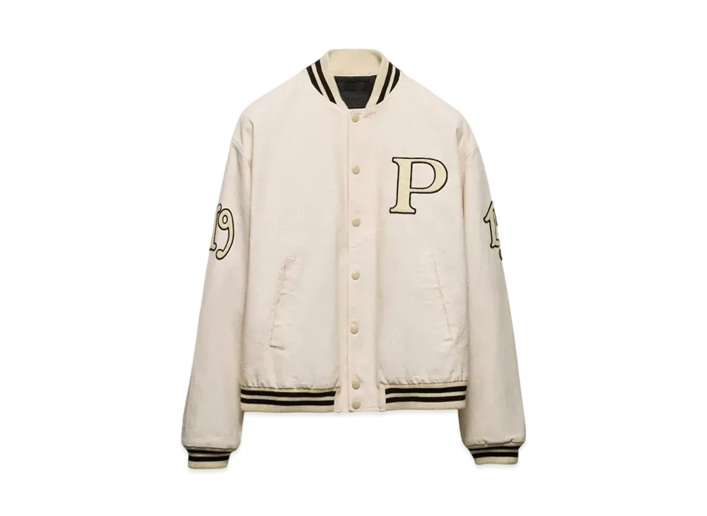 PRADA Men's Cotton Bomber Jacket with Patch "Ivory"