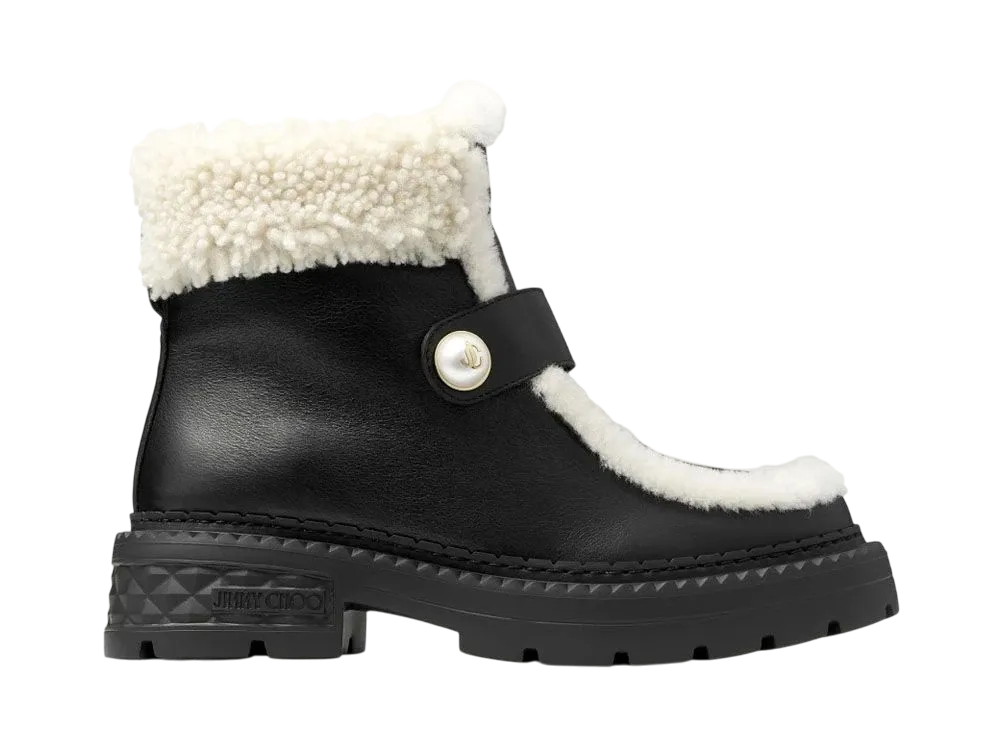 Jimmy Choo Women's Shea Ankle Boot Flat Leather Shearling "Black/Natural"