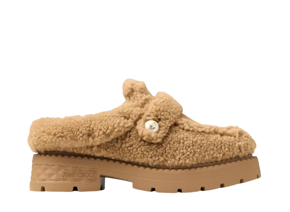 Jimmy Choo Women's Shea Mule Flat Curly Shearling Flats "Rattan"