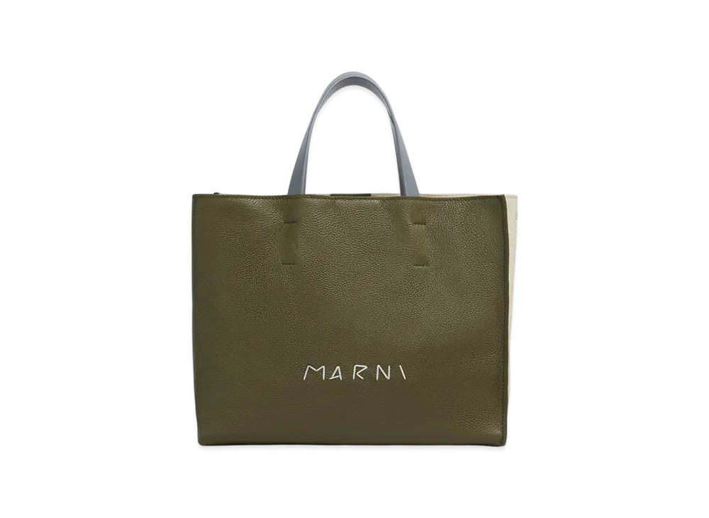MARNI Museo Soft Tote Bag in Leather with Marni Mending "Deep Sage/Shell/Storm Blue"