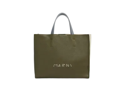 MARNI Museo Soft Tote Bag in Leather with Marni Mending "Deep Sage/Shell/Storm Blue"