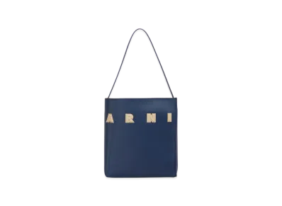 MARNI Museo Small Hobo Bag in Leather with Marni Logo "Blue China/Winter Wheat"