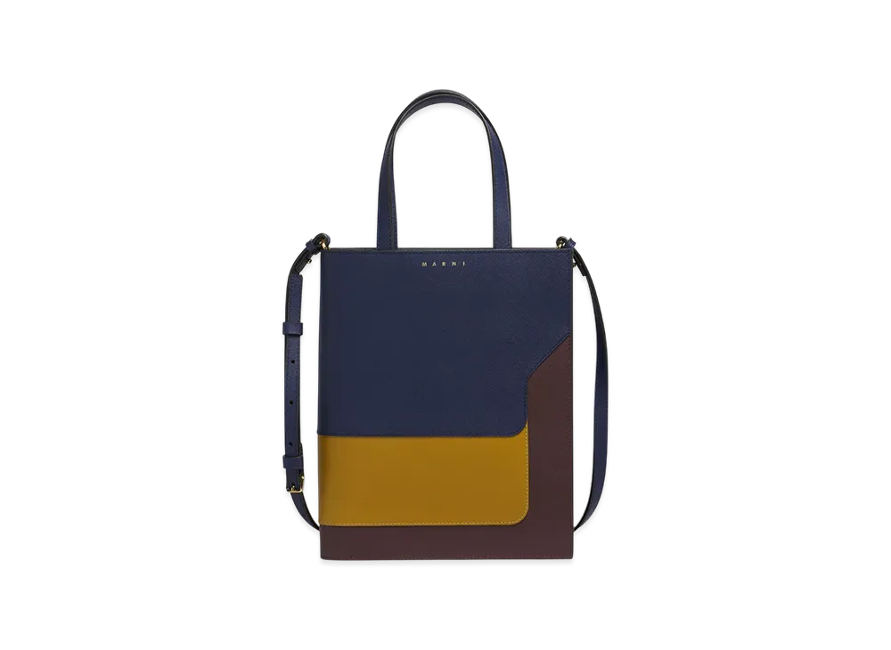 MARNI Trunk Small Tote in Leather "Blu Black/Light Curry/Chocolate"