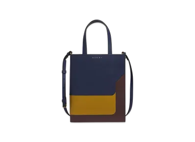 MARNI Trunk Small Tote in Leather "Blu Black/Light Curry/Chocolate"