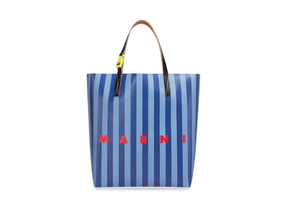 Marni Striped Tribeca Shopping Bag with Marni Logo "Opal/Estate Blue"