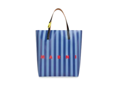 Marni Striped Tribeca Shopping Bag with Marni Logo "Opal/Estate Blue"