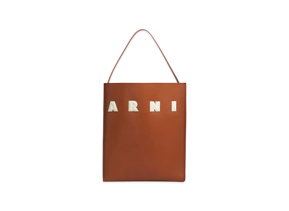 MARNI Museo Hobo Bag in Leather with Patch "Moka/Ivory"