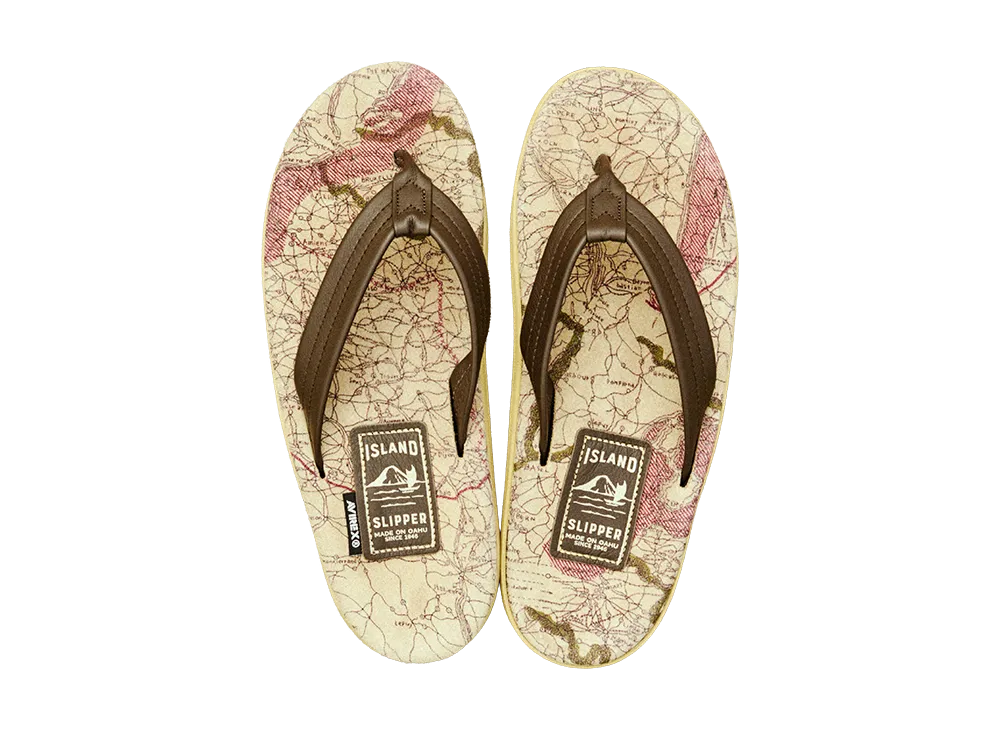 AVIREX x ISLAND SLIPPER Map Pattern Tongs Sandal "Beige"