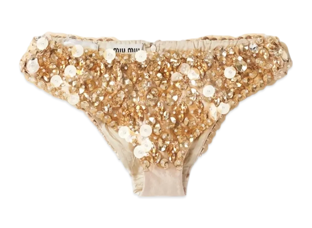 MIU MIU Women's Embroidered Silk and Wool Panties "Sand Beige"