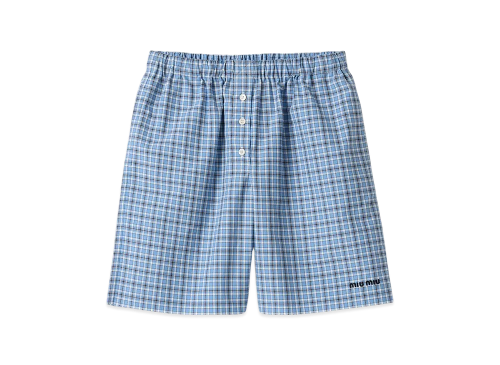 MIU MIU Women's Checked Poplin Boxer Shorts "Celeste Blue"