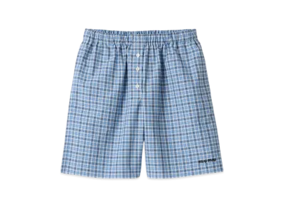 MIU MIU Women's Checked Poplin Boxer Shorts "Celeste Blue"