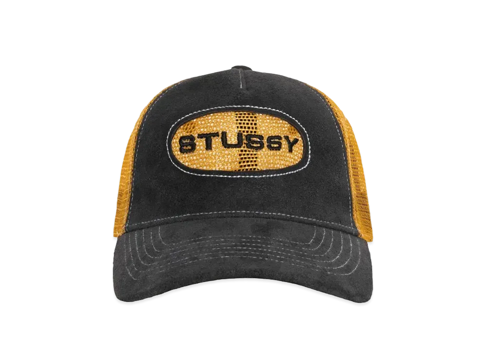 ステューシー ロープロ トラッカー カットアウト レザー スナップバック "ハニー"