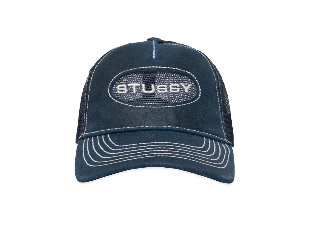 ステューシー ロープロ トラッカー カットアウト レザー スナップバック "ネイビー"