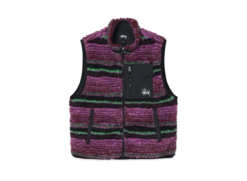 ステューシー ストライプト シェルパ ベスト "グレープ"