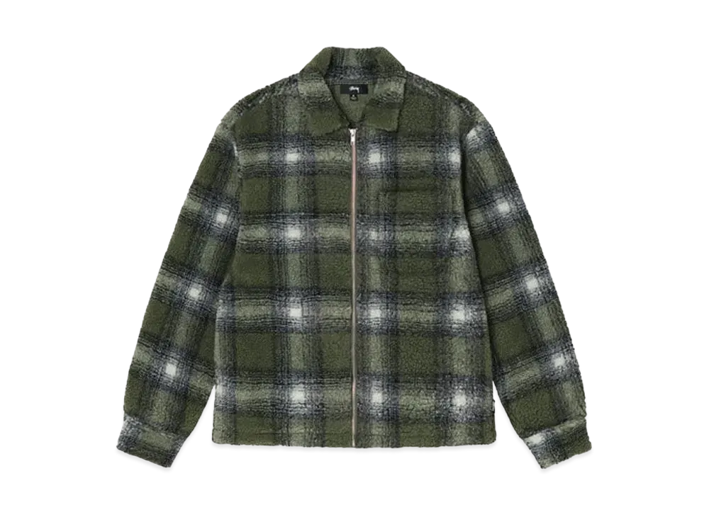 Stussy Shadow Plaid Sherpa Zip Shirt "Olive"