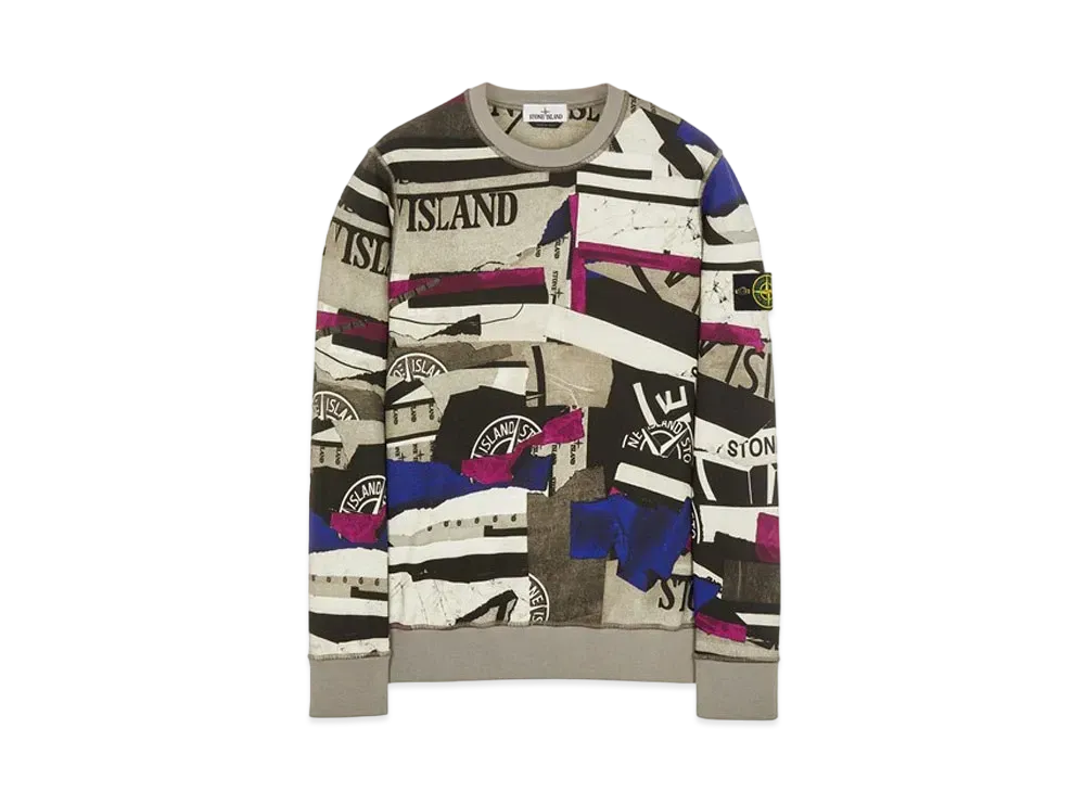 Stone Island 63087 BRUSHED COTTON FLEECE_ 'MIXED MEDIA ALL OVER' PRINT "Periwinkle"