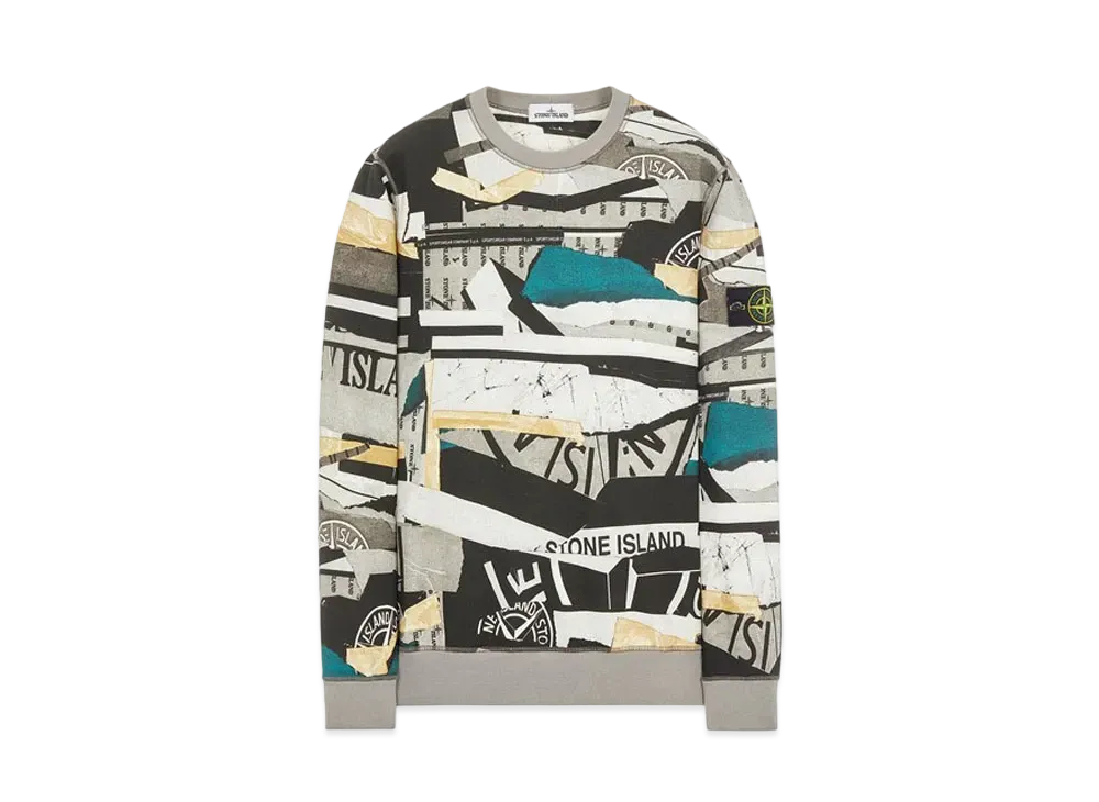 Stone Island 63087 BRUSHED COTTON FLEECE_ 'MIXED MEDIA ALL OVER' PRINT "Teal"