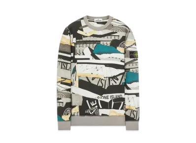 Stone Island 63087 BRUSHED COTTON FLEECE_ 'MIXED MEDIA ALL OVER' PRINT "Teal"