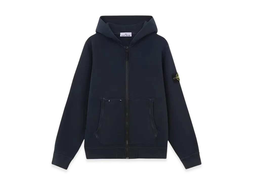 Stone Island 63341 Organic Cotton Diagonal Fleece Old Effect Hooded Full Zipper Sweatshirt with Pockets - 24FW "Navy Blue"