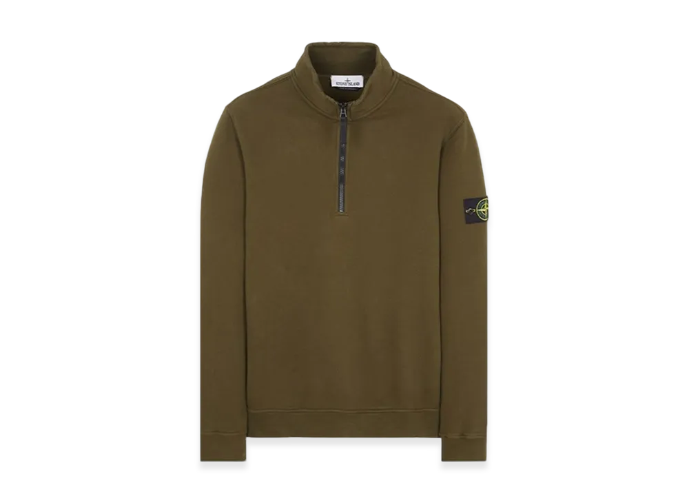 Stone Island 62720 Brushed Cotton Fleece Garment Dyed Half Zip Up Sweatshirt - 23FW "Olive Green"