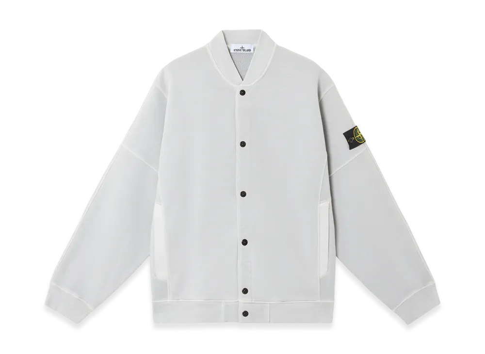 Stone Island 6100034 Organic Cotton Diagonal Fleece Old Effect Oversized Fit Bomber-Style Sweatshirt with Faded Appearance - 25SS "Pearl Grey"