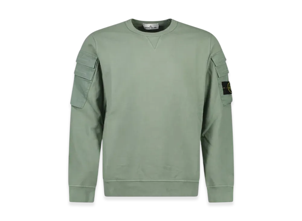 Stone Island 60577 Brushed Cotton Fleece Garment Dyed Double Pocket Crewneck Sweatshirt - 23FW "Sage Green"